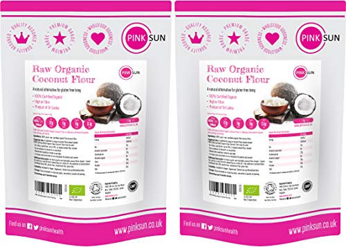 PINK SUN Raw Organic Coconut Flour 2kg (1kg x 2) Fine Gluten Free Ground Baking Flour Low Carb High Fibre Bread Making Unsweetened Vegetarian Vegan Non GM Bulk Buy