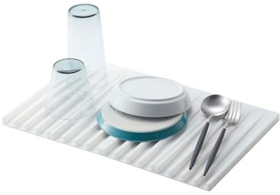 YAMAZAKI Home - Bandeja escurridora plegable, alfombrilla de secado de platos de cocina, silicona, blanco, 9.8 x 15.9 pulgadas