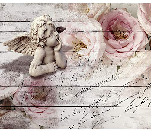 decomonkey Fototapete Blumen Holz 350x256 cm XL Tapete Fototapeten Vlies Tapeten Vliestapete Wandtapete moderne Wandbild Wand Schlafzimmer Wohnzimmer Vintage Rose Angel