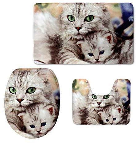 Showudesigns Badematten Set 3tlg Badezimmer Matte Set Dusch Bade Matte Vorleger Teppich für Wohnzimmer, Schlafzimmer, Schwimmbad Toilet - Katze Muster