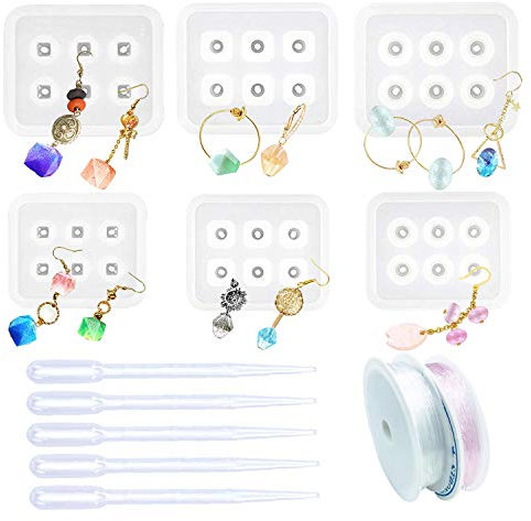 Woohome 6 Stück Schmuck Silikonform Gießform Resin Form Diamant Perlen Silikon Gießformen, 5 Stück Dropper und 2 Roll String für Edelstein Cabochon Schmuck Casting