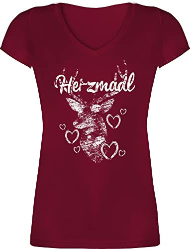 T-Shirt Damen V Ausschnitt - Kompatibel mit Oktoberfest - Herzmadl Hirsch - S - Bordeauxrot - trachtenshirt Trachten-Tshirt bayrische geweih Shirts Oktoberfest-t-Shirt tailliertes Trachten Tshirt