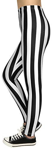 HDE Gestreifte Damen-Leggings, fußlos, dehnbar, Halloween-Kostüm-Strumpfhose, Schwarz und Weiß, Groß