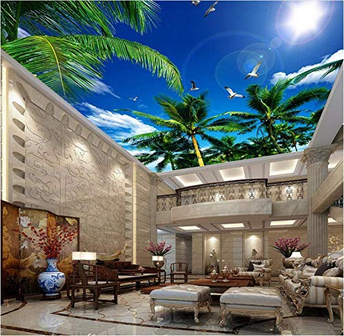Kokospalmen Mediterraner Stil Blauer Himmel Möwe Deckengemälde Thema Hotel Wohnzimmer Dekor Natur Tapete Decken Fresken fototapete 3D Tapete effekt Vlies wandbild Schlafzimmer-400cm×280cm