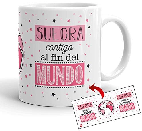 Kembilove Taza la Mejor Suegra del Mundo – Taza con Mensaje Suegra contigo al Fin del Mundo – Regalo Hermana Original – Regalos Originales para cuñados – Tazas Originales para Familiares