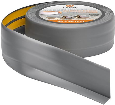 Quest Plinthe Souple Autoadhésive - 50 mm x 20 mm - Plinthe en PVC de finition - Pour l'intérieur, mur, sol, salle de bain, salon - Flexible, Étanche, Décoratif - 20 mètres, Gris