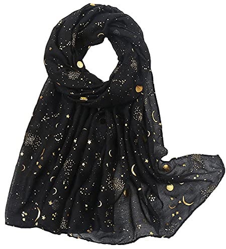 KAVINGKALY Damen Schals Gold Folie Print Schal Leichte Stern Pailletten Damen Schals (Schwarz)