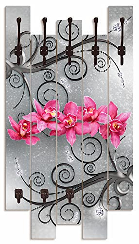 ARTLAND Wandgarderobe Garderobenpaneel Holz mit 8 Haken 63x114 cm Design Garderobe mit Motiv Orchideen Blumen Abstrakt Pink Grau U1QT