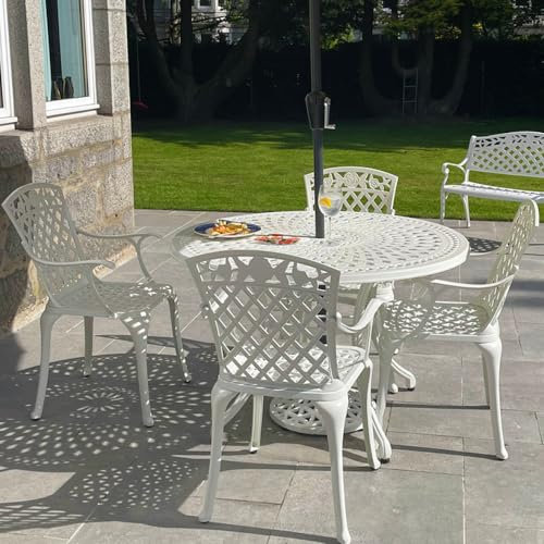 Lazy Susan 120 cm Alice Gartentisch in Weiß mit 4 Rose Stühlen mit beigen Sitzkissen | Nachhaltiges Sandguss-Aluminium | Wetterfest | Rostfrei | Wartungsarm | 3 Jahre Garantie