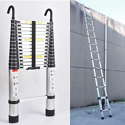 Échelle télescopique de 6,2 m, avec 2 crochets, échelle en aluminium pliable, échelle de grenier télescopique, portable extensible, capacité de charge de 150 kg, argenté