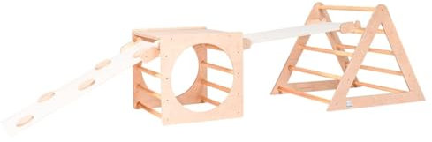 Ruta Montessori, Triángulo Cubo Balancín Tobogán con Escalada, Juegos Educativos de Madera Natural (Jeeg Robot)