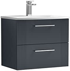 nuie DPF1493G Deco Modern Bathroom Wall Hung 2 Drawer Part Fluted Vanity Basin Unit with Curved Ceramic Basin, 600mm, Soft Black