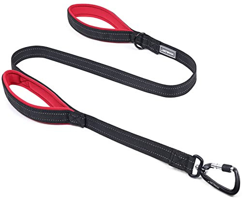 VIVAGLORY Dog Lead Lighthook Double Handle Dog Lead, Leash with Traffic Handle & Locking Carabiner for Walking & Training, Traffic Control Lightweight Carabiner for Puppy Pet, 1.2m x 2.5cm, Black