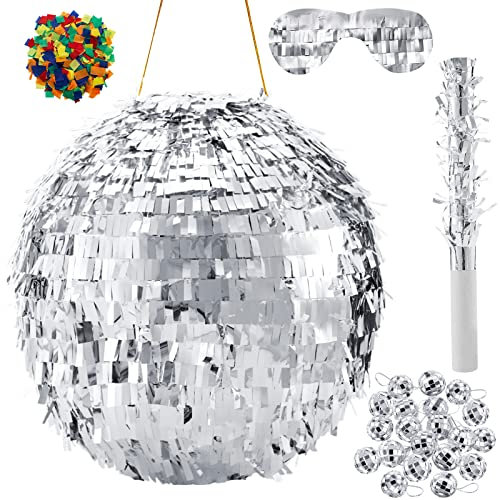 Silberne Discokugel Piñata mit 1 Piñata-Fledermaus, 1 Augenbinde, 1 Beutel Konfetti und 20 kleine Spiegelkugeln für Weihnachtsfeier, Dekorationen, Disco-Themen, Geburtstag, Hochzeit, Partyzubehör