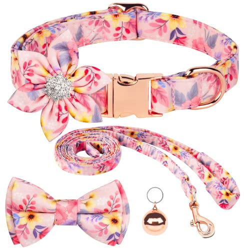 AUAUY Hundehalsband und Leine, Set mit Blumenmädchen-Blumenmuster und Gravur, Haustierhalsbänder mit verstellbarer, starker goldfarbener Schnalle, mit schöner Fliege und Glöckchen, für kleine