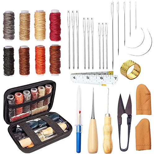 Leder Nähen Set 32 Stück Lederbearbeitung Werkzeug Set mit 8 Farben Leder Wachsfaden Leder Nadeln Ahle Schere Fingerhut Maßband Leder Werkzeug Set für Anfänger und Profis zum Lederhandwerkzeug