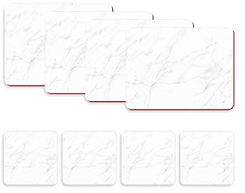 Naivasha Homeware Placemats and Coasters Set of 4 - Heat Resistant, Waterproof, Non-Slip Cork Table Mats in Matte Finish, Elegant Placemats & Coasters for Cups, Mugs, Plates & Pans - White Marble