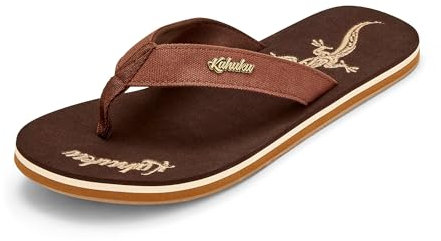 Kahuku Slippahs Men's Flip-Flops with Soft Cotton Toe Post, Supersoft Footbed and Embroidered Design - Guaranteed Comfort - Brown Lizard - UK 11