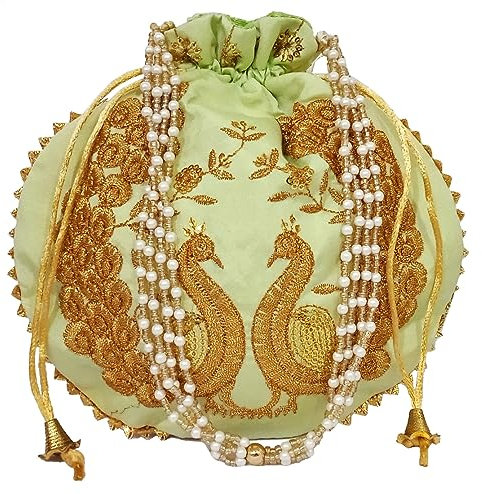 Purpledip Silk Potli Bag (Clutch, Drawstring Purse): Aufwendige Goldfaden & Pailletten Pfau Stickerei Satchel für Damen, Limettengrün (11474C), Lindgrün, Large