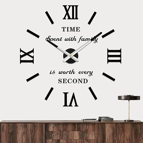 Vangold Moderne Mute 3D DIY Große wanduhren XXL Aufkleber Wand Uhr für Home Office Dekoration Geschenk (Schwarz Silber)