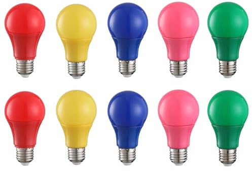 HUAMu 10er Set A60 farbige LED Leuchtmittel Birnenform 3W 25Watt Leuchtmittel Birnenform,für Außen & Innen, Rot, gelb, blau, grün, rosa
