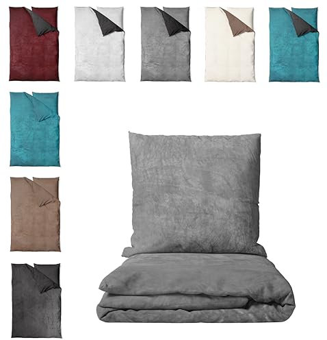 one-home Winter Bettwäsche Unifarben Teddy Plüsch Cashmere Touch Nicki Coral Fleece Flauschig Kuschelig Warm Weich, Farbe:Uni grau, Größe:4 teilig 155x220 cm