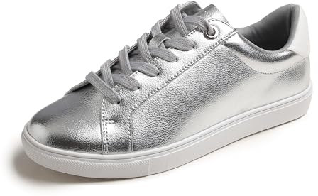 Feversole Damen Mode Leicht Frühling Sommer Veganes Leder Sneaker Casual Komfort Walking Schuhe, Silberne Farbe Weiße Sohle große Öse