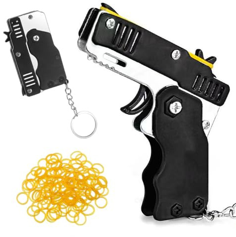 MQLSAERI Klappbare Gummiband Pistolen Spielzeuge 2 Stück mit 120 Stück Weich Elastische Gummibänder Metall Faltbar Gummiwerfer Pistole Schlüsselanhänger für Teenager Erwachsene Schießspiel - Schwarz