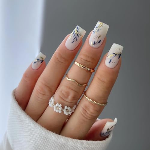 Lot de 24 faux ongles à coller - Feuilles dorées et bleues - Taille moyenne - Carré blanc mat avec motif feuille d'or - Acrylique brillant