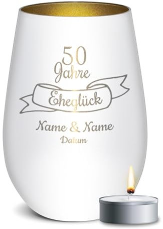 PR Print Royal Weißes Windlicht mit Gravur zur Goldenen Hochzeit - 50 Jahre Eheglück - mit Namen & Datum - Hochzeit Geschenke Goldene Hochzeit | inkl. Teelicht, 450 ml, Innen Gold