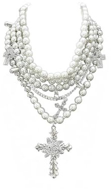 Goiern Layered Perlen Kette Set, Großes Kreuz Kette, Goth Punk Schmuck, Kreativität Mode Schmuck Für Frauen und Mädchen Geschenk
