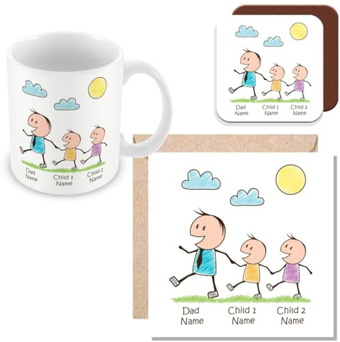MUGGZ Personalised - Daddy Mug, Card & Coaster with 2 Kids - Personalise with Names - Gift for Dads - Giftset - Made in The UK
