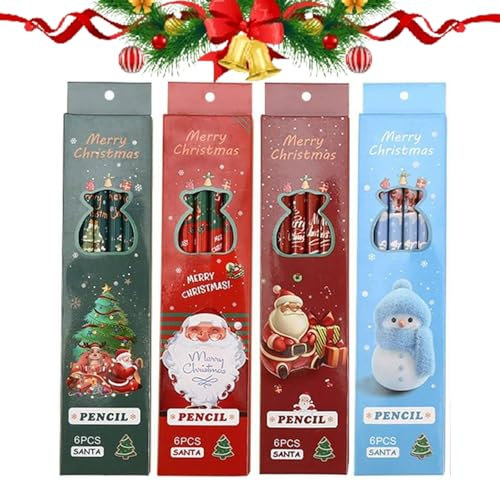 Crayon Noël en Bois, Crayons de Noël avec Gomme, Crayons en Bois Arbre de Noël, Crayons de Noël pour Fourniture Scolaire Cadeau Fête, Crayons de Dessin Animépour Enfants, 24Pcs, 4 Couleurs