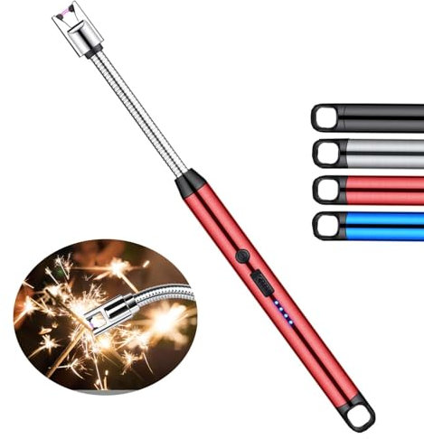 Electric Lighter with Flexible Neck for Candles - Battery Display - Safety Lock - Windproof Flameless Arc Lighter for Kitchen, Gas Stove, Camping (Red)