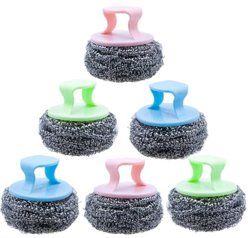 6 STK Stahlschwamm Küche Edelstahl Schwamm,Stahlschwamm mit Griff,Schwamm zur Reinigung von Rostfreiem Stahl,Küchenschwammwäscher aus Stahl,für Küche,Geschirr,Töpfe,Bürste,Herd,Ofen,Zufällige Farbe