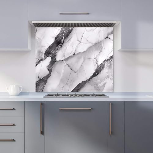 Premium Grey And White Marble Effect Kitchen Splashback 6mm Toughened Glass Kitchen Splashback – Heat Resistant Splashback for Kitchens, Perfect for Cookers and Hobs, Polished Edges
