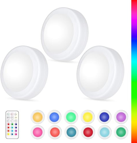 Yiliaw LED Puck-Lichter mit Fernbedienung, AA-Batteriebetriebene Lichter,12 Farben für Schrankbeleuchtung,Unterbauleuchten,Drucklichter,Unterschrankbeleuchtung für die Küche, 3er-Pack, Schwarz