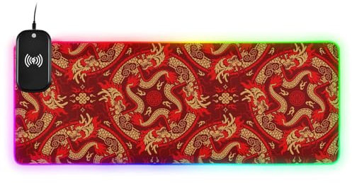 Tapis de souris lumineux avec motif dragon chinois rouge pour clavier et animal - Grand tapis de souris - 80 x 30 cm