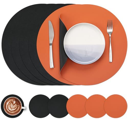 Myir JUN Tischsets 6er Set, Tischsets Abwaschbar Platzsets Rund Ø 38cm Platzdeckchen Rund Doppelseitigen rutschfest Platzsets Kunstleder Leder Tischset Lederoptik (Schwarz & Orange, 6er Set)