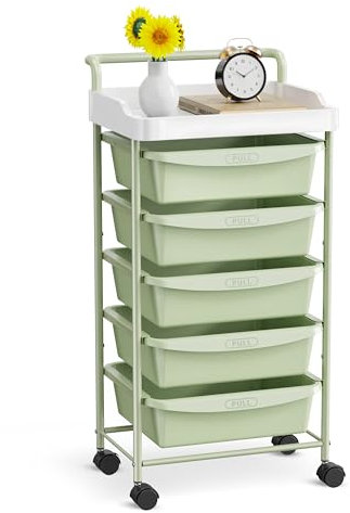 Shrivee Praktischer Rollwagen mit 5 Schubladen, Rollwagen mit Schubladen und Tischplatte, multifunktionaler Rollwagen mit feststellbaren Rädern, für Wohnzimmer Schlafzimmer Büro (Grün)