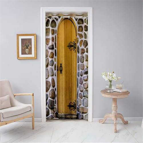 Odot Rideau de Porte à Oeillets, Motif de Porte en Bois Rétro 3D, Rideau d'intérieur Occultant Isolant Thermique, Rideau de Séparation de Piece pour Chambre Cuisine Salon (80x180cm,Style G)