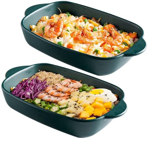 Lot de 2 plats à gratin en céramique, moule à lasagnes, avec poignée, 23,5 x 13 cm, en céramique, multicolore, émaillé, petit, rectangulaire, pour four, lasagnes, pâtisserie, gratin (vert foncé)