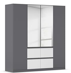 Rauch Möbel Bristol, Drehtürenschrank, Schrank, Garderobe, 4-türig, 2 Spiegeltüren, 4 Schubladen in Weiß, Farbe Grau metallic, Schwarz, Griffprofil Grau metallic, Push-to-Open, 181x197x54cm