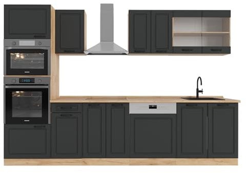 Vicco Cucina componibile R-Line, Antracite casa di campagna/rovere dorato, 300 cm con armadio alto, senza piano di lavoro