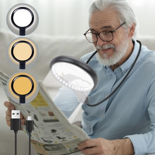 Cuteefun 5X/15X Magnifying Glass with 36 LED Lights, Hands Free Neckwear Reading Magnifier, 3 Color Mode, Adjustable Brightness, Rechargeable Flexible Gooseneck Magnifier for Seniors, Sewing, Repair