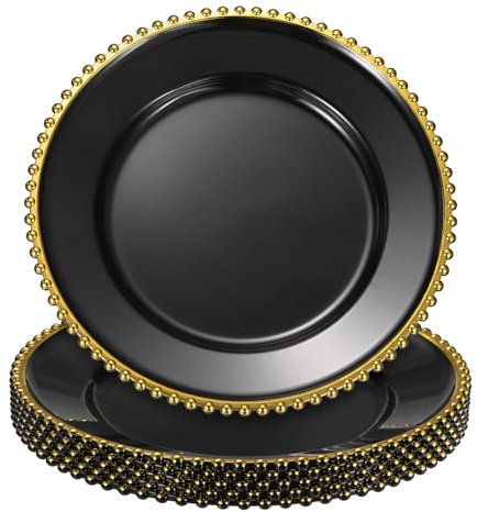 sourcing map 6pcs Clear Charger Plates Bulk, 13 Plastic Round Charger Plates with Bead Trim Dinner Dessert Plate for Wedding Party Event Table Setting Decoration, Gold On Black
