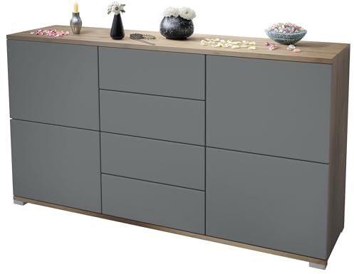 Vladon Sideboard Rova V1, Kommode mit 4 Türen und 4 Schubladen, Eiche Evoke/Graphit Seidenmatt (138,5 x 75,5 x 35)