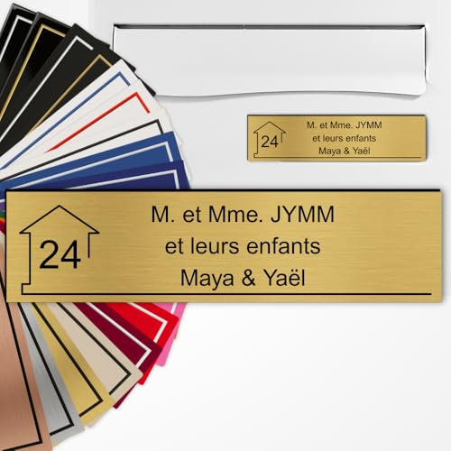 Plaque Boîte aux Lettres Personnalisée 10x2,5 cm adhésive en PVC – Gravure Laser – 22 Couleurs – Avec ou Sans Motif (Or brossé texte noir)