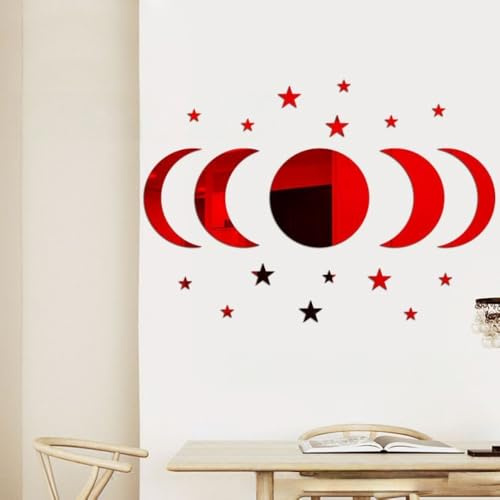 Wambere 1 Set Wandaufkleber Mit Kreis Halbmond Stern Selbstklebend Abnehmbar 3D Spiegel Wandtattoo Wandsticker,DIY WandSpiegel Aufkleber,für Schlafzimmer Kinderzimmer Home Dekoration,Rot