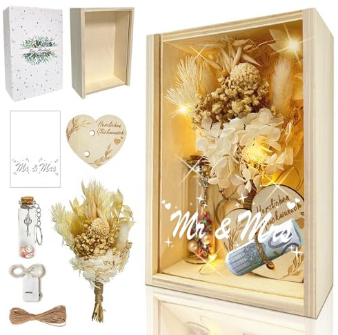 Hochzeitsgeschenke für Brautpaar Geld, Romantisches Geldgeschenke zur Hochzeit, Ewige Blumen, Holzbox, Kunststoff Reagenzglas, Lichterketten, Schlüssel Geschenkbox, Mr und Mrs Wedding Gift